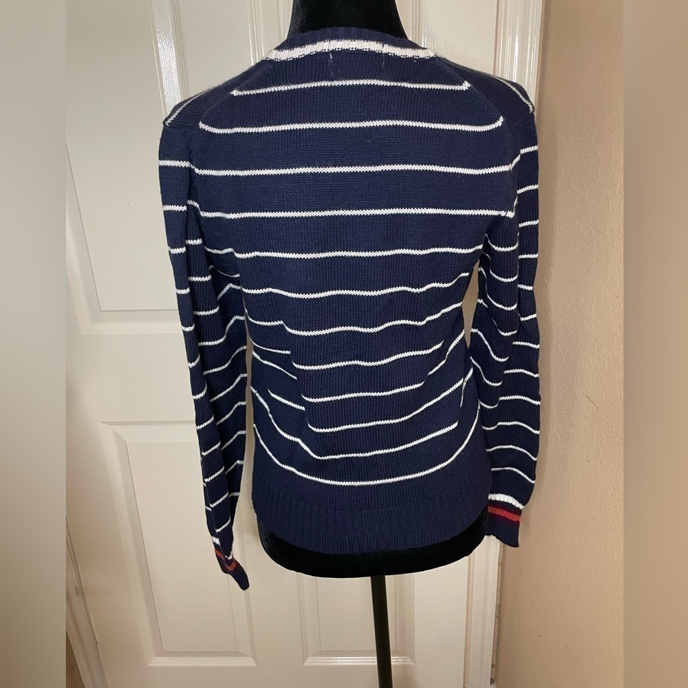 Vintage Women LACOSTE V-Neck Sweater Navy w/White Stripes & Red Crocodile 36/ Sm - Picture 2 of 10